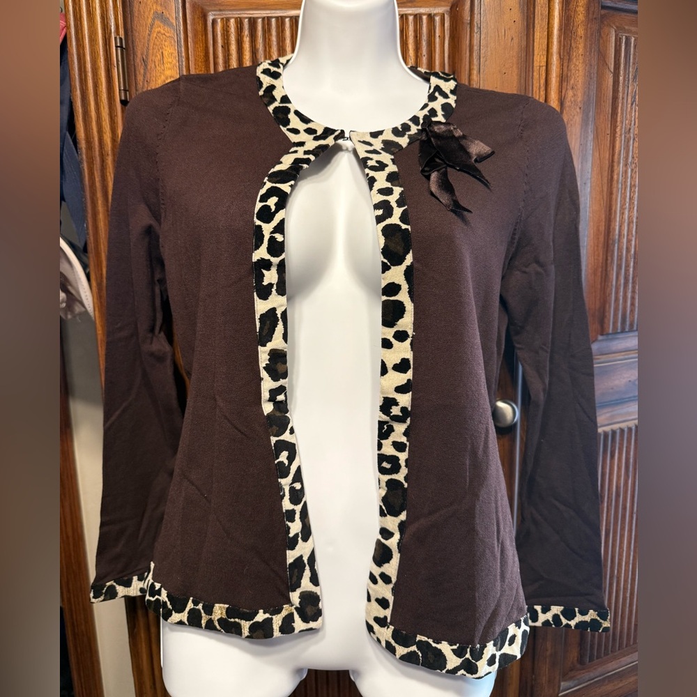 Nygard chocolate brown cardigan with animal print trim, size 6-8